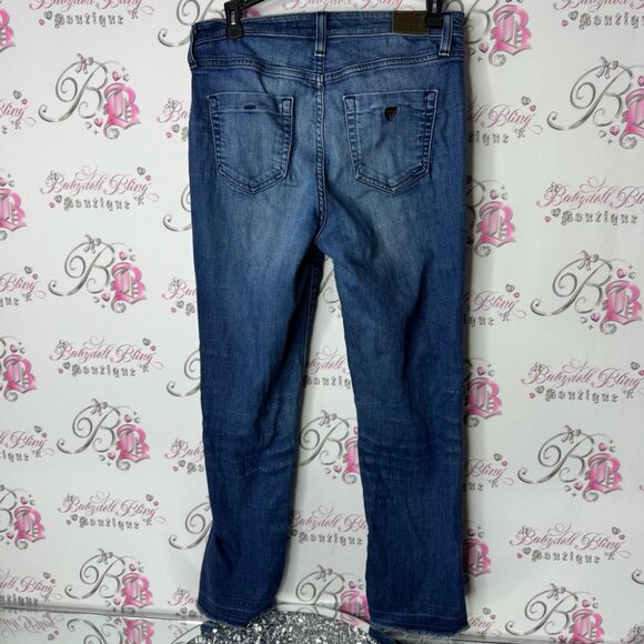 Guess jeans denim distressed trim cuff Blue Flare Wide Leg Jeans - Picture 2 of 5